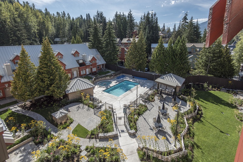 Aerial photo of Lake Placid Lodge's accommodations, pool and patio