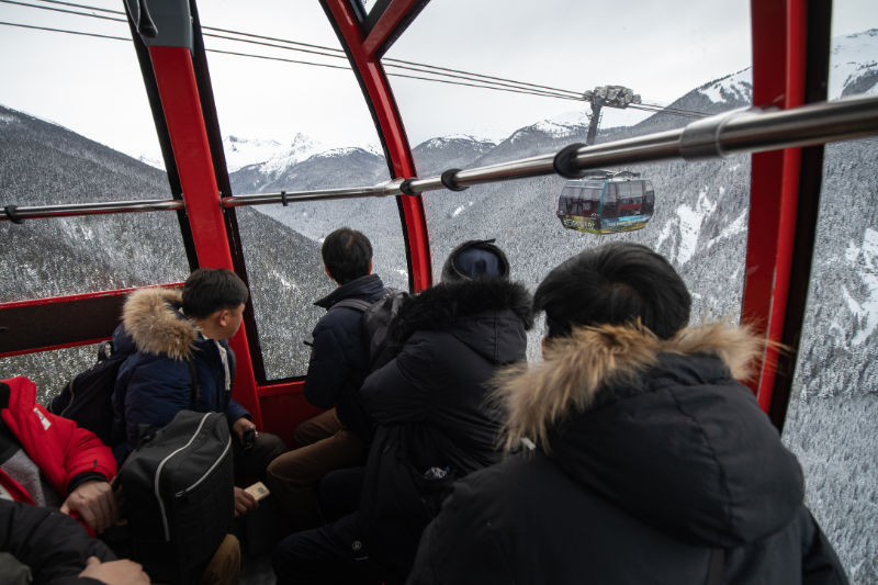 People inside the peak to peak gondola in Whistler looking out over the snowy mountains