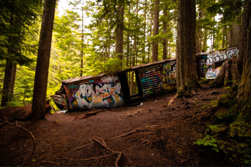 Abandoned train wreck in Whistler forest